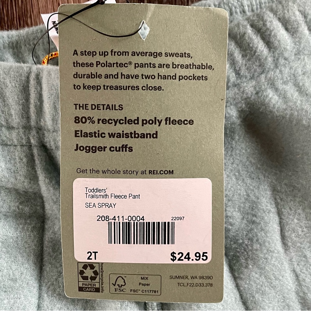 NWT REI Toddler Sea Foam Aqua Fleece Pull On Jogger Sweatpants 2T New Recycled - Picture 4 of 5